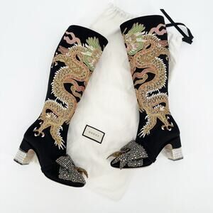 Gucci Black Silk Satin Candy Dragon Embroidered Crystal Bow Heeled Boot EU 37
